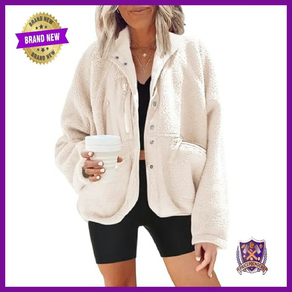 Women's Fuzzy Fleece Jacket Sherpa Button Down Winter Coat Warm - Picture 2 of 7